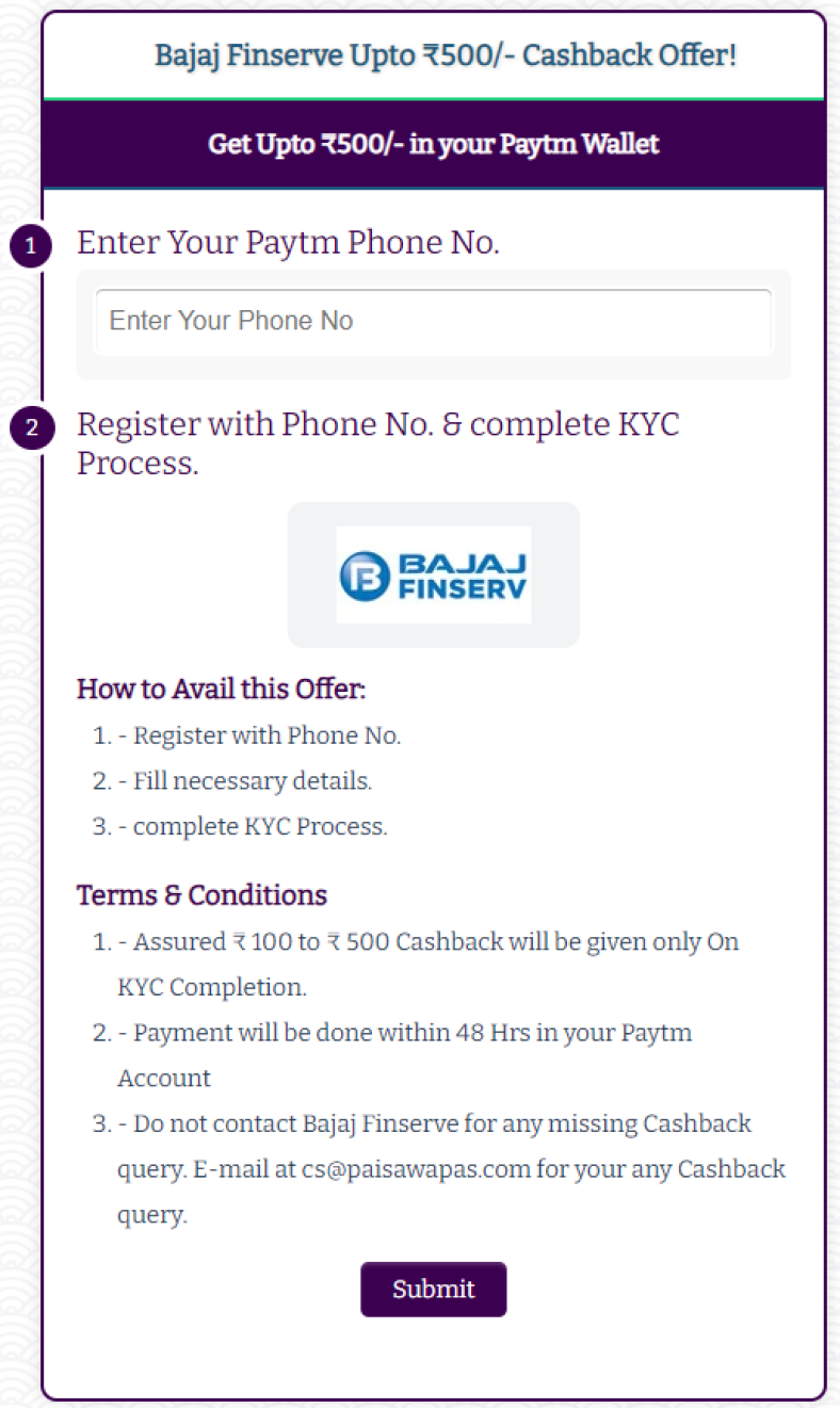 Bajaj Finserve Upto ₹500/- Cashback Offer!